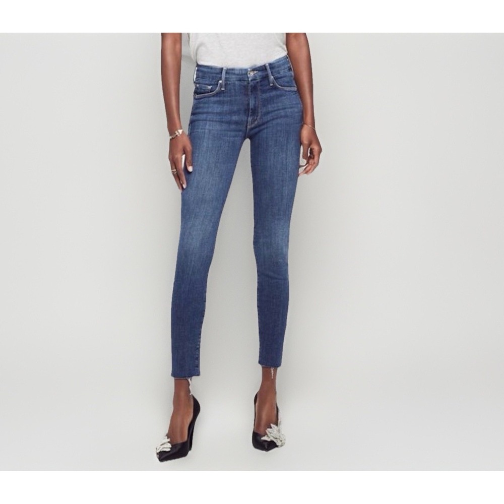 Mother The Looker Ankle Fray Skinny Blue Jeans Girl Crush Raw Hem Size 27 EUC